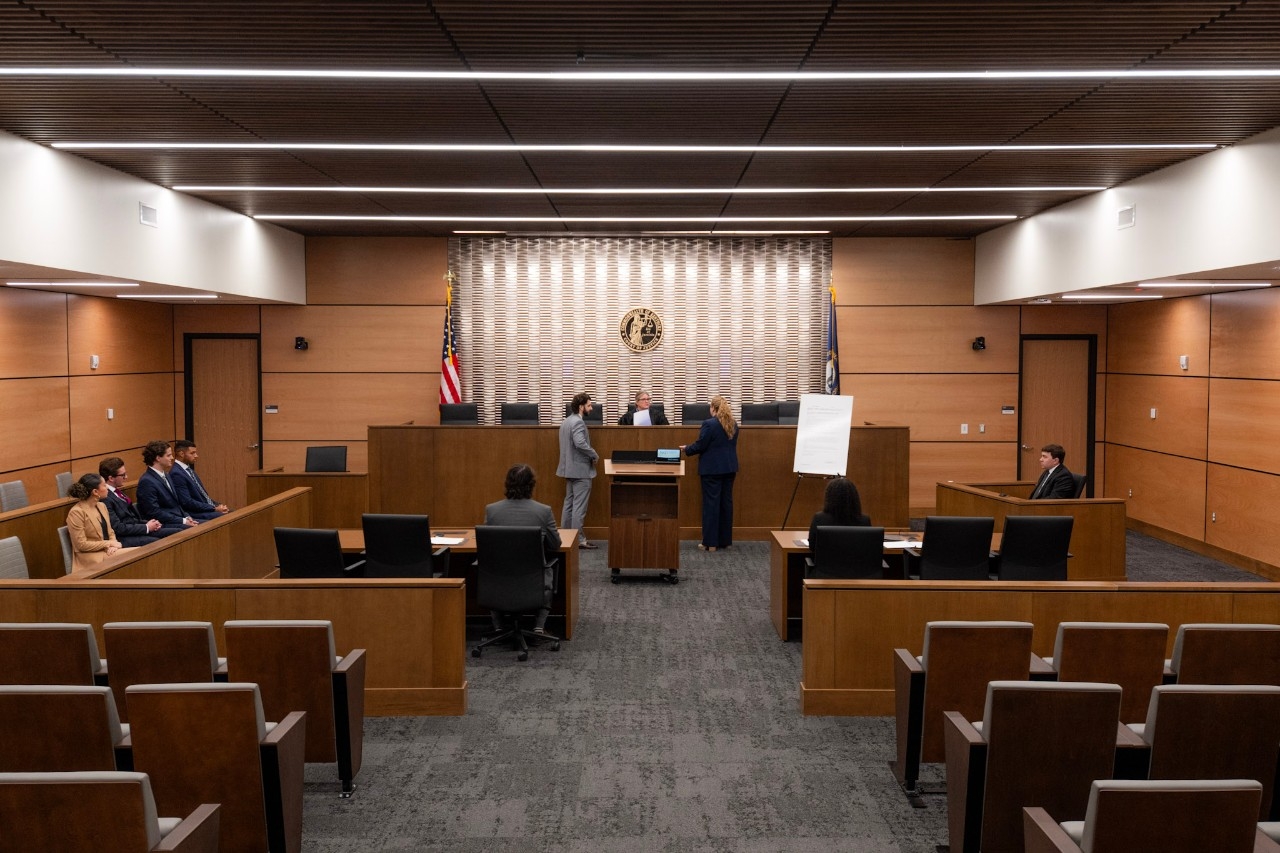 Students hold a mock trial in the new Chase College of Law courtroom on NKU's campus.