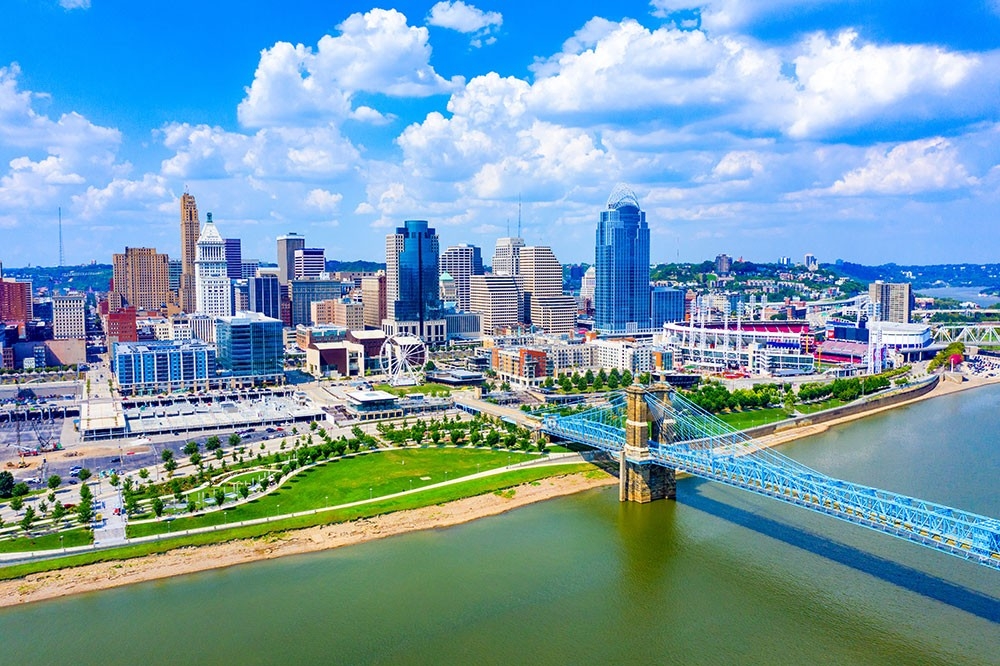 A flyover view of Cincinnati