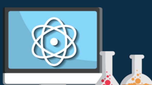 chemical science beakers next a monitor with an atom icon