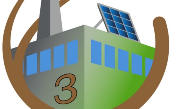 graphic of a business with solar panels and a wind turbine