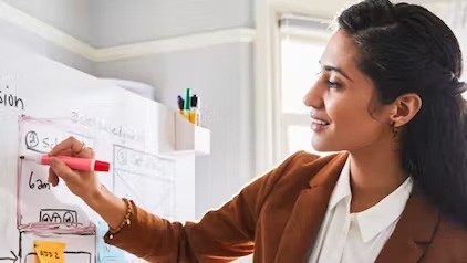 Woman smiling as writing on white board
