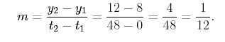 equation m = (y2- y1)/(t2-t1) = (12-8)/(48-0) = 4/48 = 1/12.