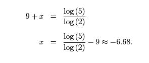 9 + x =log(5)/log(2), x= log(5)/log(2)-9 =6.68