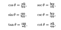 cos theta = adj/hyp; sin theta = opp/hyp; tan theat = opp/adj; sec theta = hyp/adj; csc theta = hyp/opp; cot theta - adj/opp,