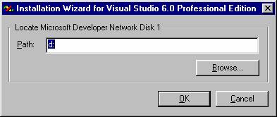 Installation Wizard for Visual Studio 6.0 Professional Edition  Locate Microsoft Developer Network Disk 1 Dialog Box