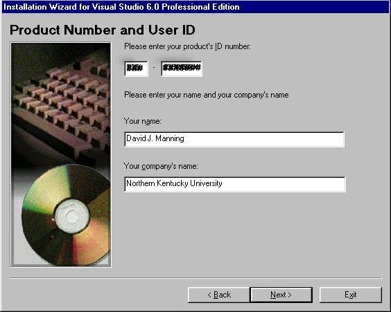 Installation Wizard for Visual Studio 6.0 Professional Edition Product Number and User ID Dialog Box