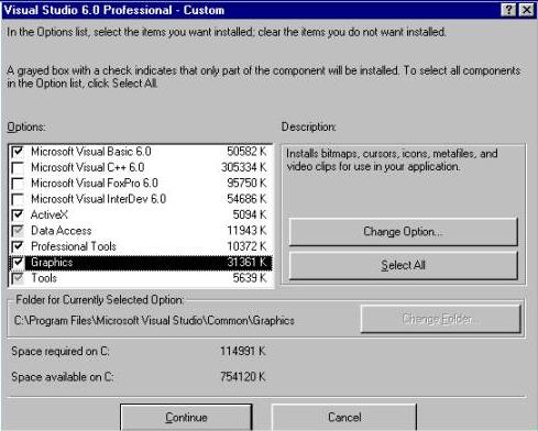 Visual Studio 6.0 Professional Custom Setup Graphics Dialog Box
